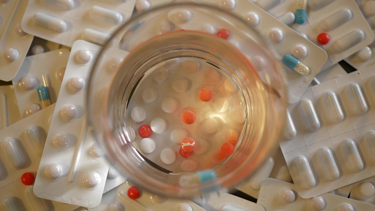 Sich in einem Glas Wasser auflösende Tabletten, umgeben von Blisterpackungen