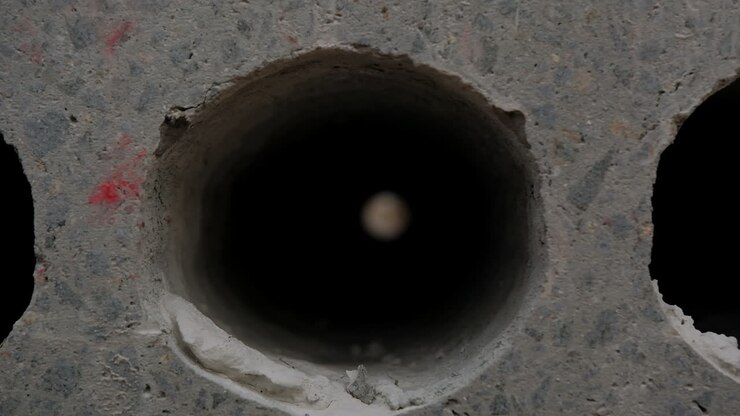 Holes drilled in concrete block