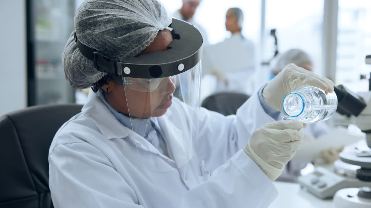 Female Scientist Pouring Liquid in Laboratory for Research and Analysis