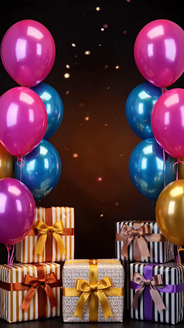 Video de fondo de cumpleaños con globos y cajas de regalo 4K