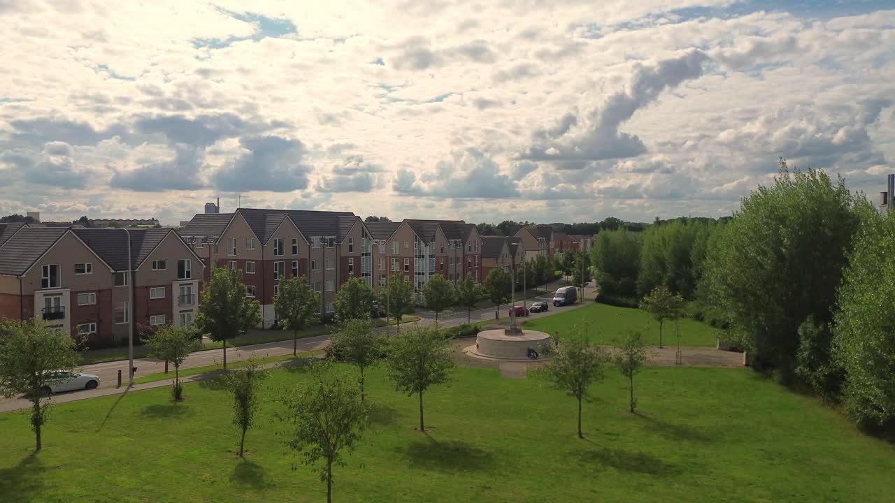 Drone view of Edison Drive apartment complex in Rugby, Warwickshire in United Kingdom