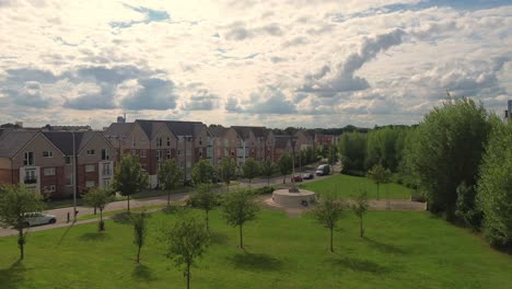 Drone-view-of-Edison-Drive-apartment-complex-in-Rugby,-Warwickshire-in-United-Kingdom