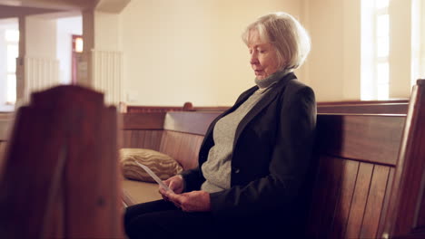 christian, waiting and senior woman in a church