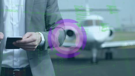 Animation-of-rotating-purple-shape-and-data,-over-businessman-using-smartphone-beside-plane