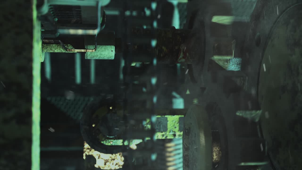 3d realista de una máquina industrial pesada en un estilo oxidado y grunge, con engranajes de molienda