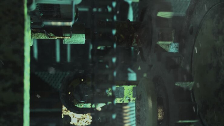 Render 3D realistico di una pesante macchina industriale in stile arrugginito e grunge, con ingranaggi che macinano
