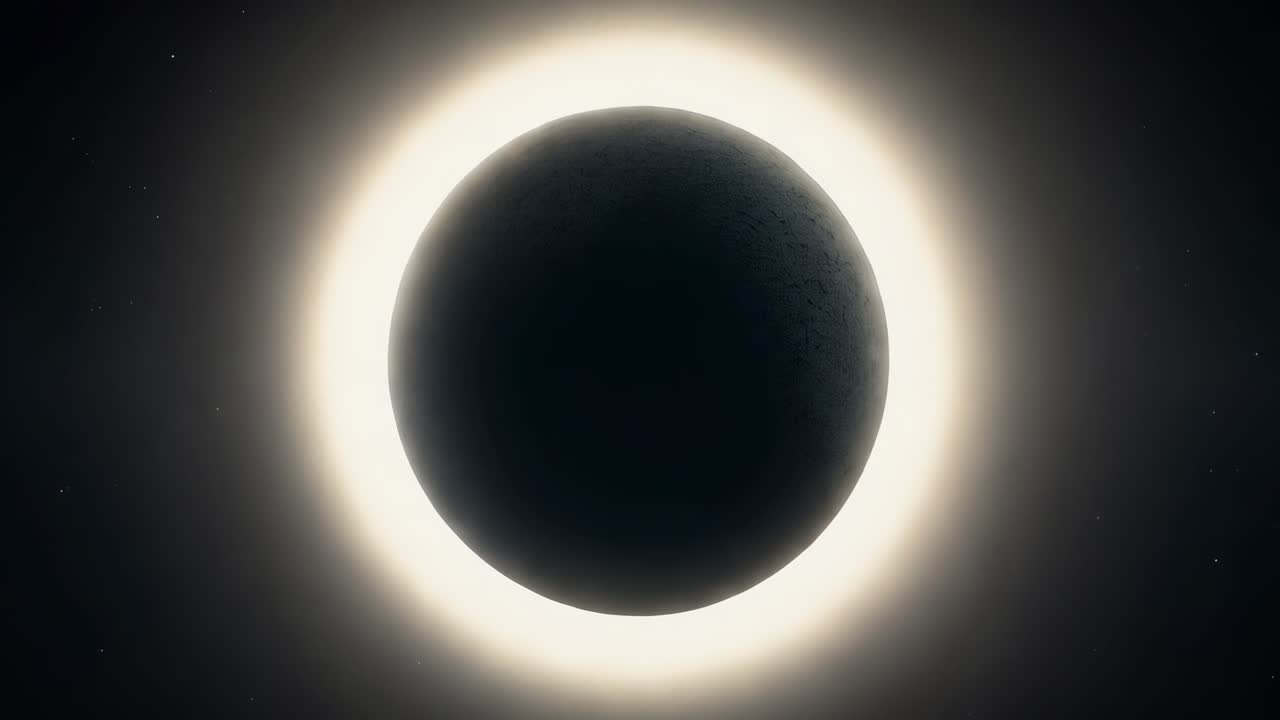 Disco lunar se movendo para o alinhamento, eclipsando o Sol em um céu estrelado, revelando um halo de coroa brilhante