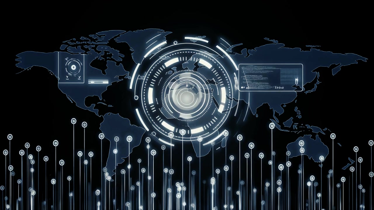 Digital World Map with Futuristic Data Interface and Network Connections