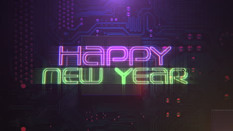 Animation-intro-text-Happy-New-Year-and-cyberpunk-animation-background-with-computer-chip-and-neon-lights