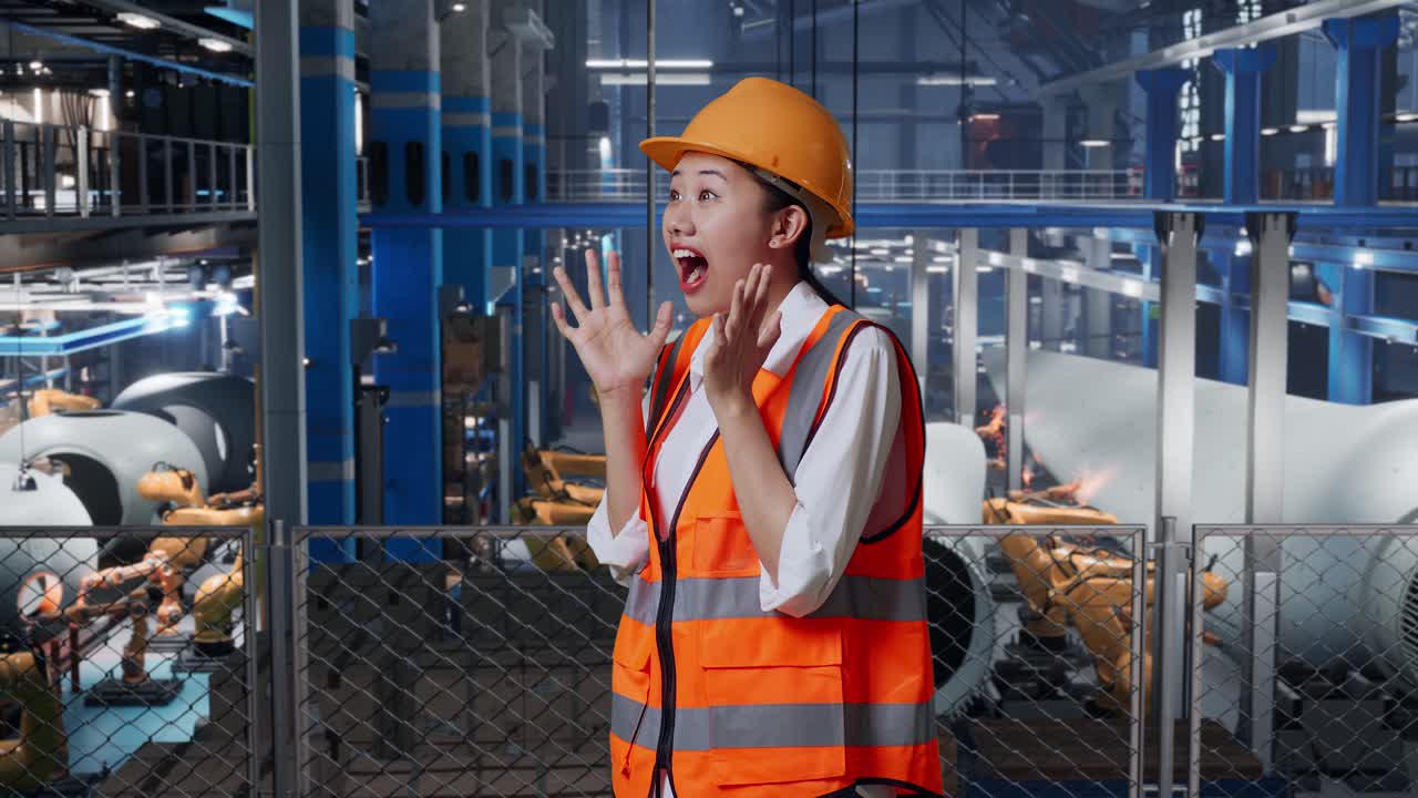 안전 헬을 입은 아시아 여성 엔지니어가 풍력 터빈 제조 공장에서 서서 로 팔이 작동하는 동안 와우라고 말합니다.