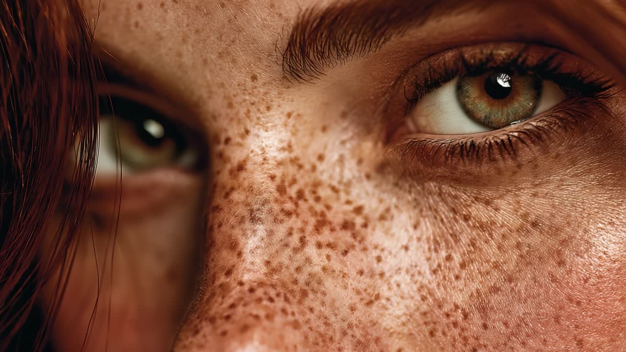 A Close-Up Exploration of Freckles and Eyes, Capturing the Intricacies of Natural Beauty Through Intense Expressions and Unique Skin Patterns