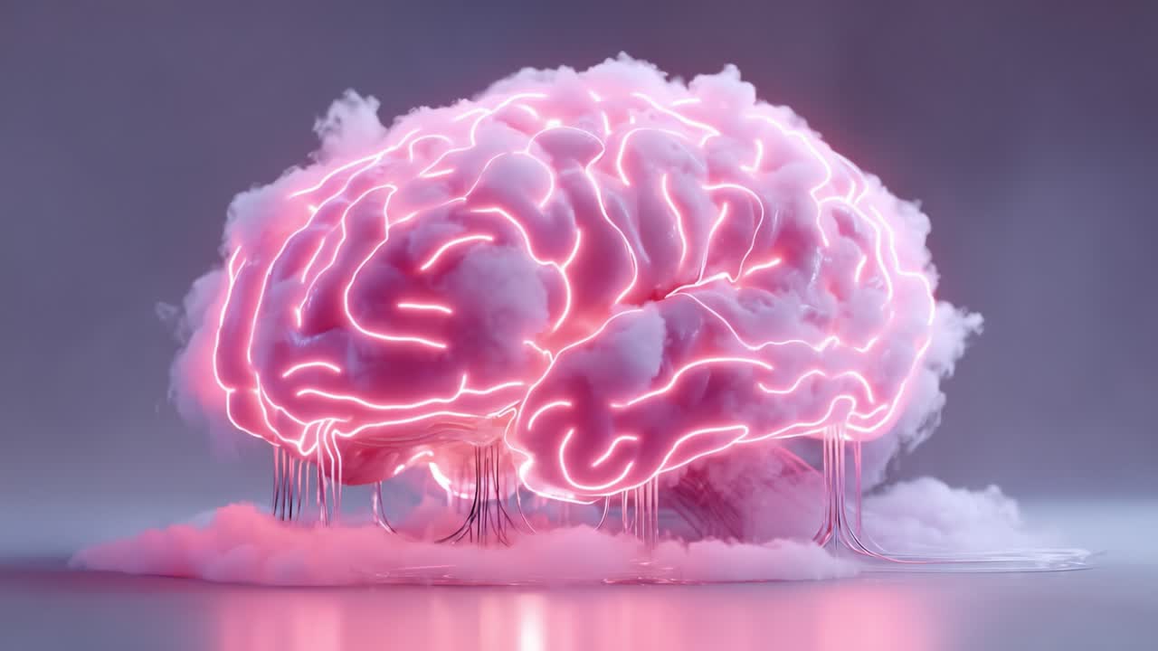 A Surreal Representation of a Brain Surrounded by Ethereal Clouds and Illuminated by Neon Lights, Symbolizing Creativity and Thought in a Dreamlike Environment