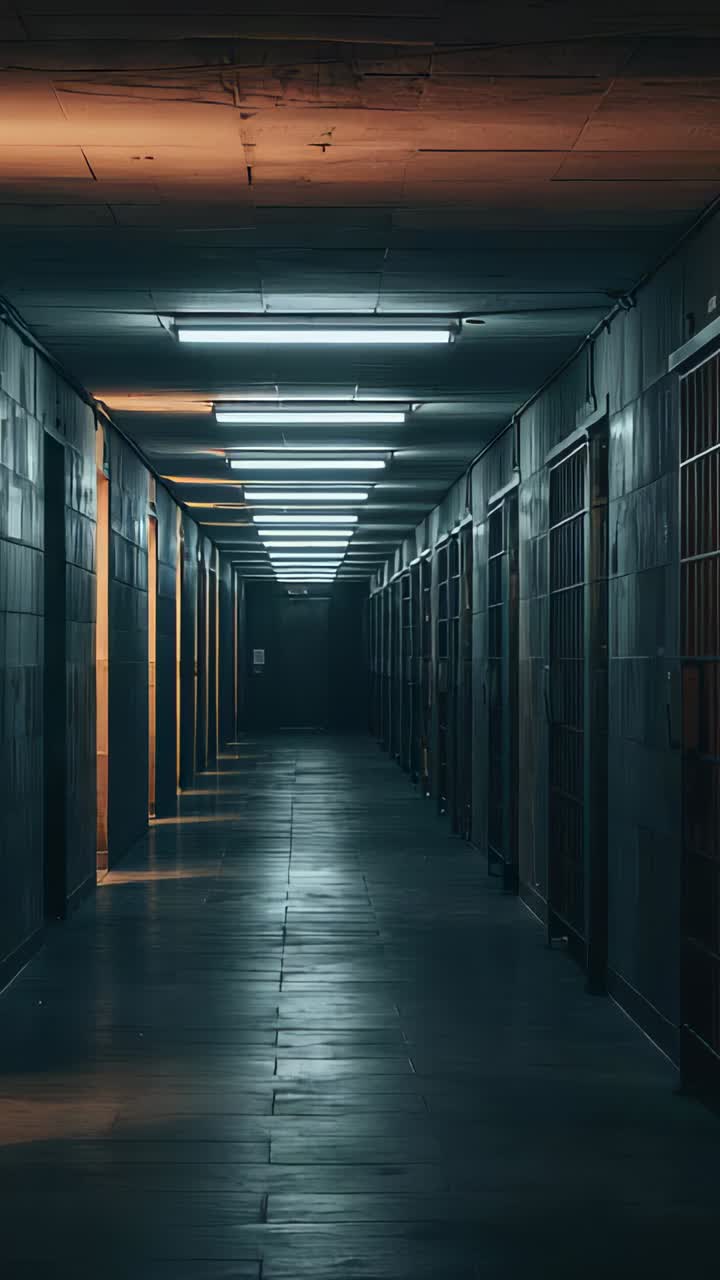 Vertical video: Filming main prison corridor with camera fixed, overhead lights on barred cells