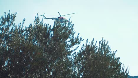 helicóptero volando hacia el fuego distante detrás de los árboles