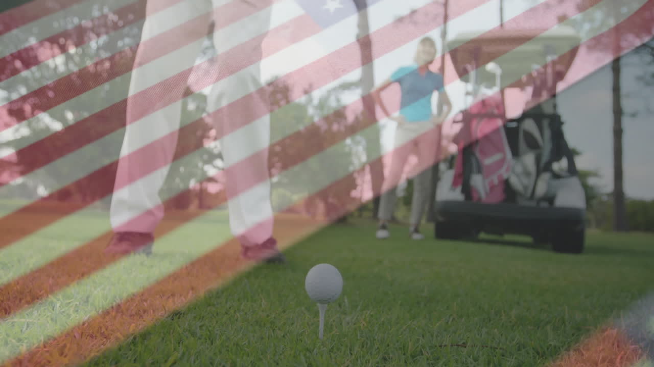 Male golfer lining up shot on tee, female golfer monitoring golf stats with red stripes overlaying