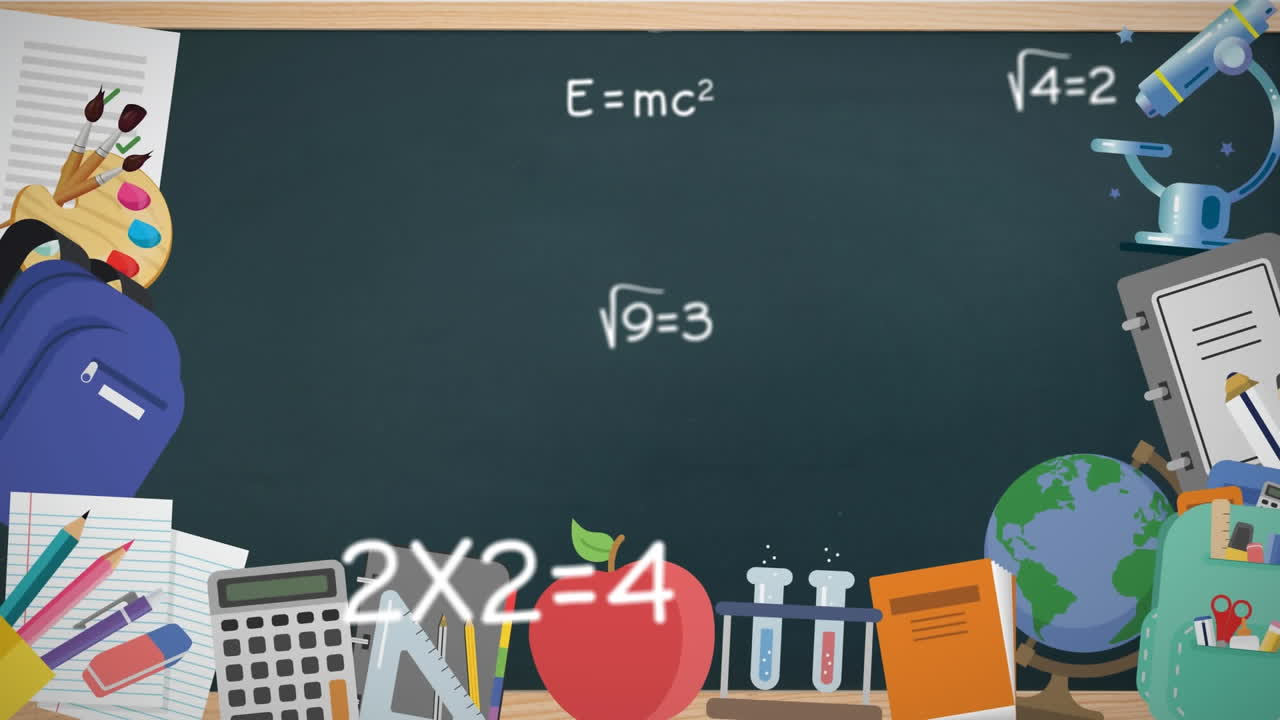 Animasi perlengkapan sekolah di atas gambar matematika di papan tulis.