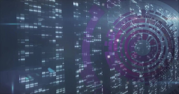 Beginning fading purple HUD rotating clockwise with data blocks descending visualizing data flow