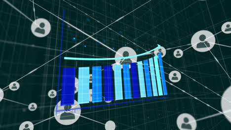 animation of statistics and digital data processing over network of connections with icons