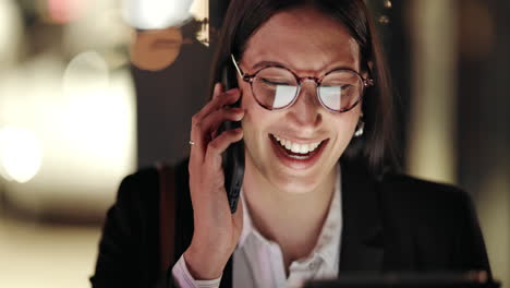 Outdoor,-night-and-woman-with-phone-call