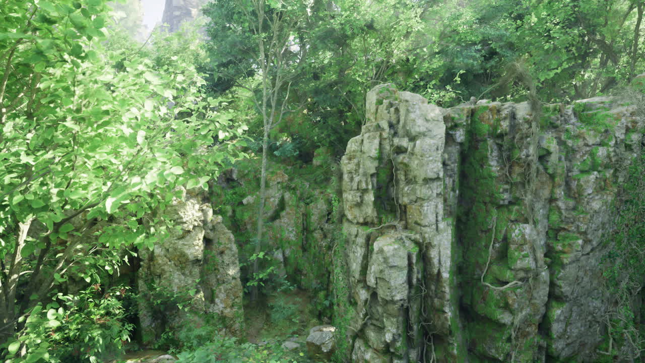 Beautiful rocky landscape covered with greenery in a serene environment