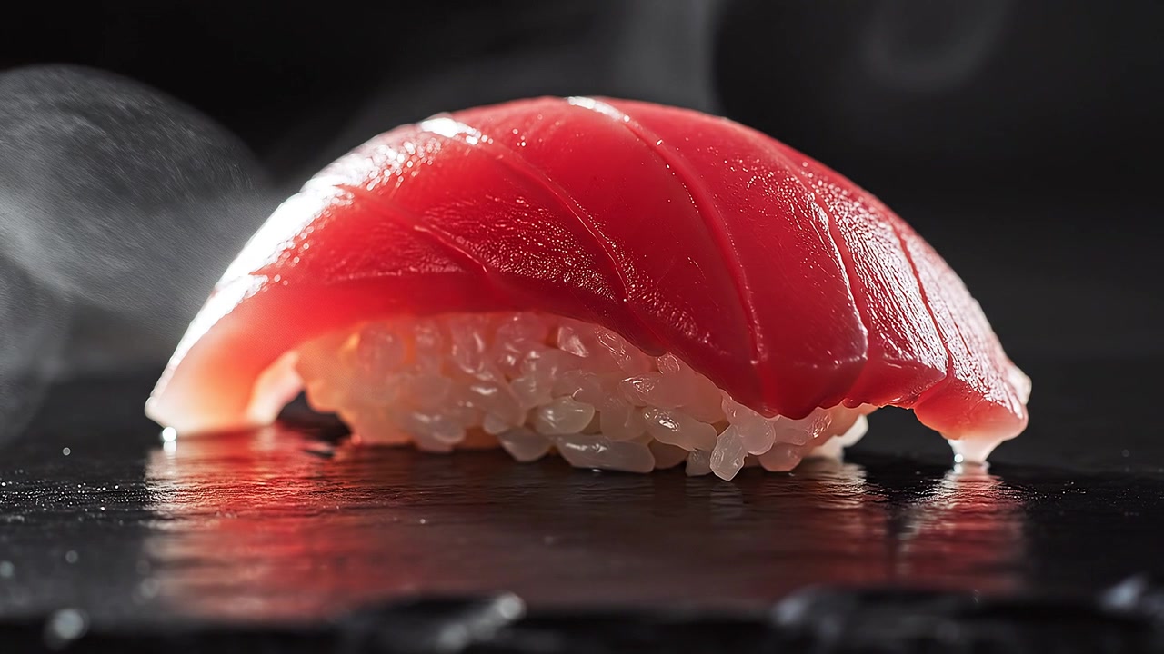 ダークスレートの表面に置かれた新鮮なマグロの握り寿司