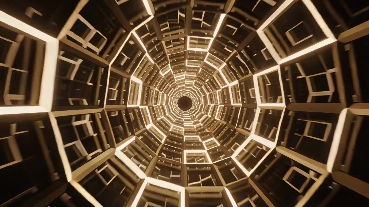 Telecamera che avanza, muovendosi attraverso cornici concentriche illuminate da strisce LED dorate.