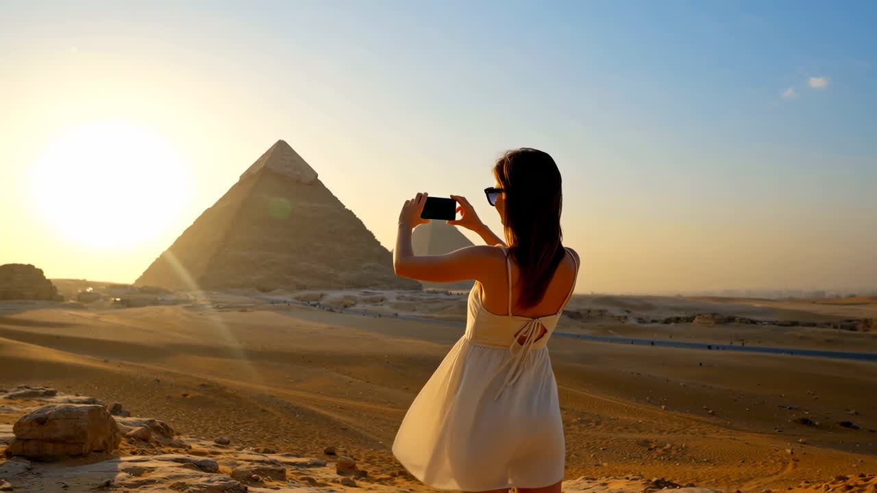 Turista che fotografa le Piramidi di Giza al tramonto