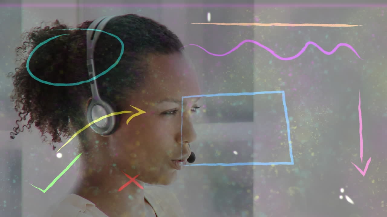 animación de formas coloridas sobre una mujer con auriculares de teléfono