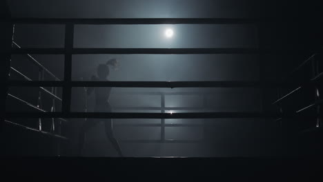 silhouette of a female boxer training in a smoky ring