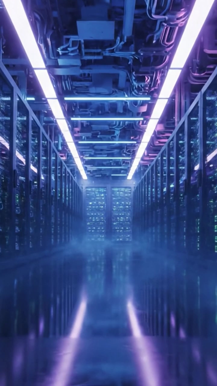 A Futuristic Data Center with Glowing Lights and Reflective Floors: An Intriguing View of High-Tech Server Racks in a Modern Computing Environment