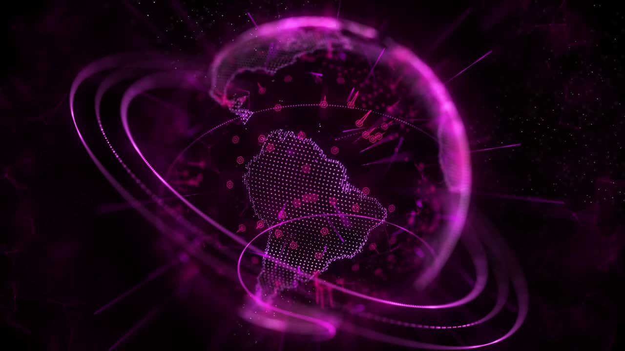 HUD della Terra a particelle su sfondo nero. Rete di comunicazione globale. Rotazione di un pianeta astratto.