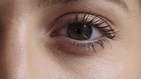 cerrar la apertura de los ojos de una mujer joven que usa maquillaje mirando a la cámara de pestañas cosméticos de belleza