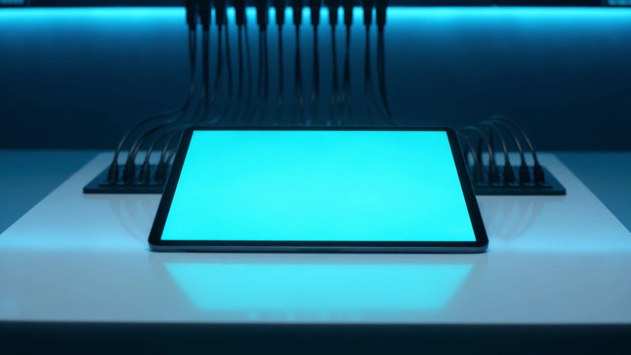 Tablet digitale con display a schermo verde ed effetto luminoso