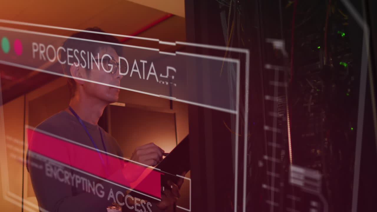 Animation of data over asian male it engineer with clipboard by computer server