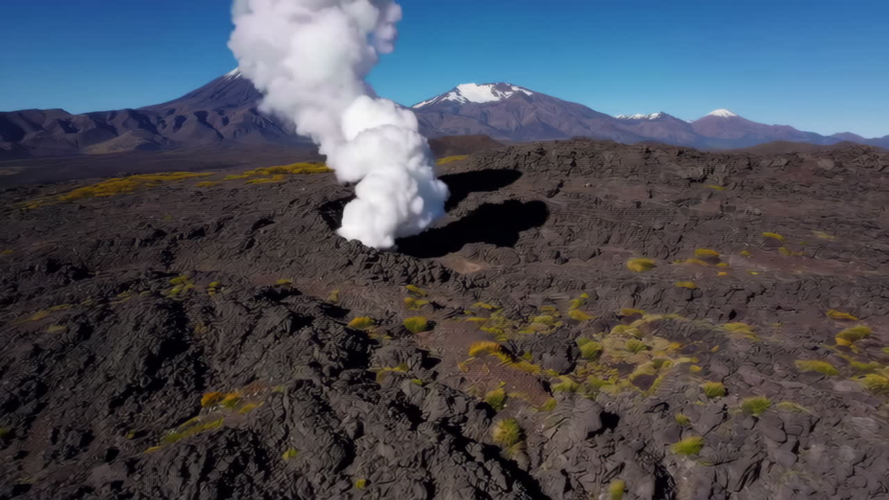 Volcanic activity with a growing smoke plume in a desolate landscape