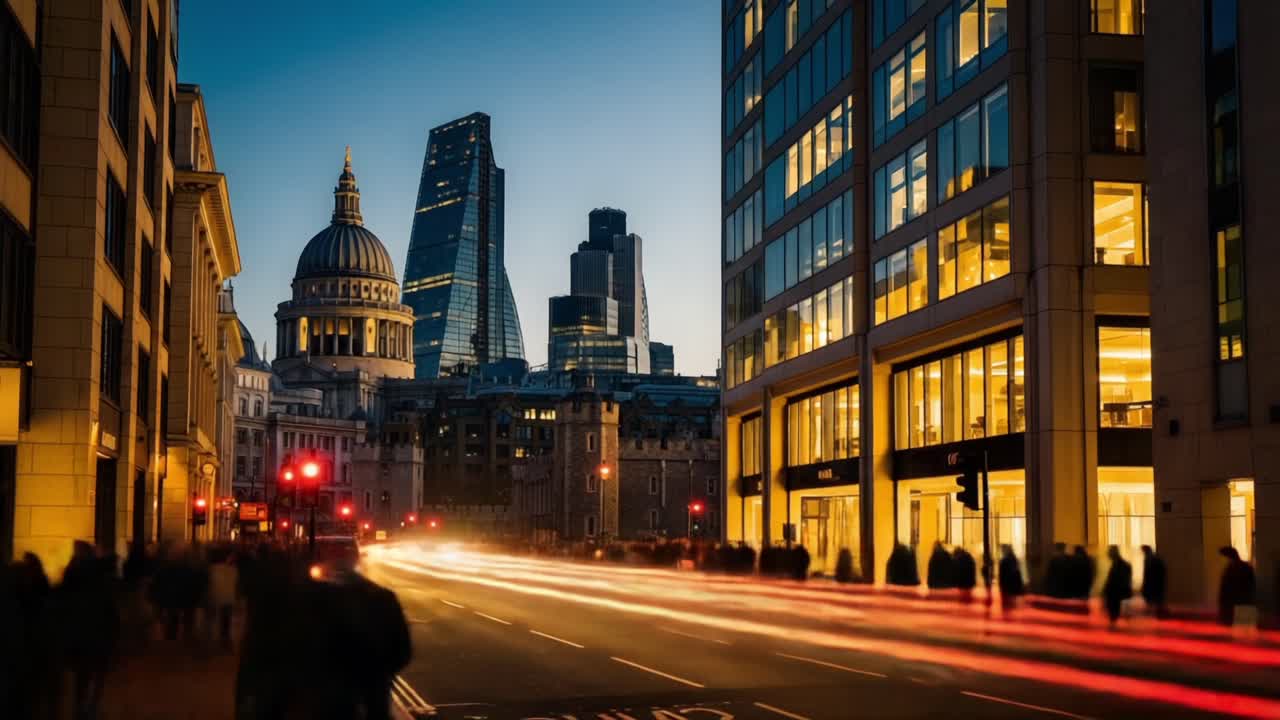 Dusk in the City: An Elegant Transition from Daylight to Nightfall, Capturing Busy Streets Adorned with Modern Architecture Against Historical Landmarks