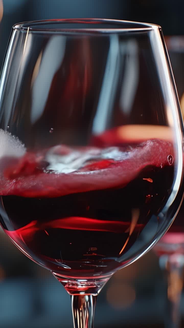 Primo piano di un bicchiere riempito con ricco vino rosso, che mostra la texture e il movimento del liquido sotto una morbida illuminazione ambientale in un ambiente elegante.