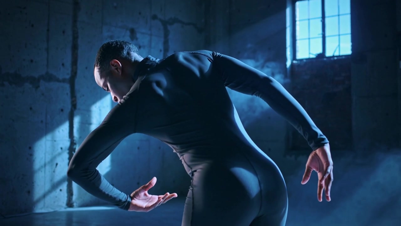Rotating male dancer wearing dark unitard bending, twisting torso in loft studio, blue light haze