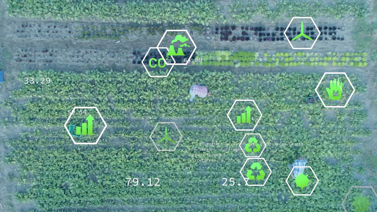 필드 위의 디지털 생태 및 녹색 에너지 아이콘의 애니메이션