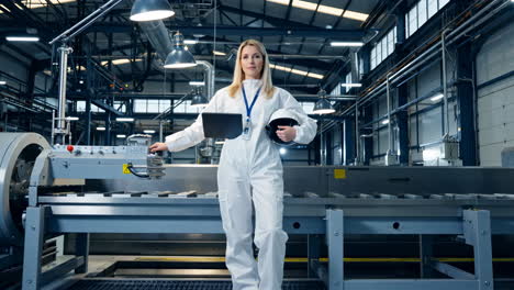 woman in a protective suit holding a tablet and hard hat in a factory