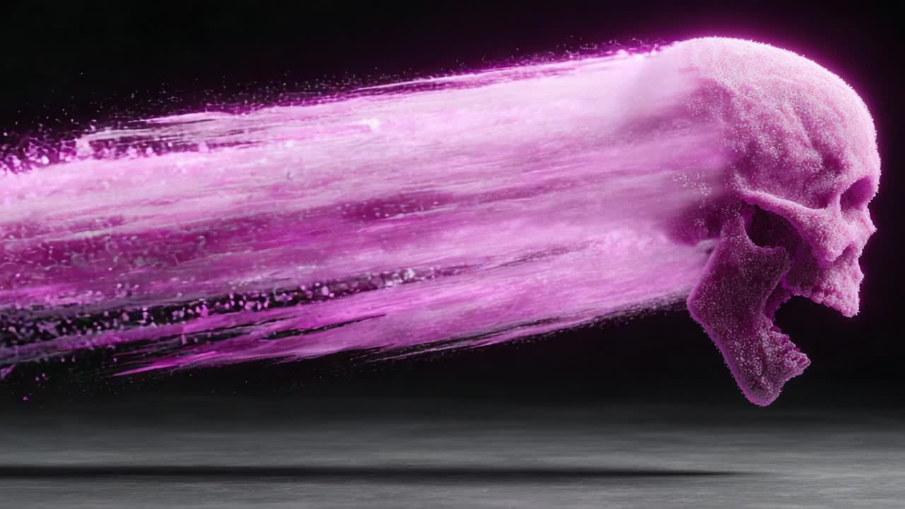 Una rappresentazione dinamica ed eterea di un teschio composto da sabbia rosa vibrante, che cattura un senso di movimento e fluidità, mentre sembra correre verso lo spettatore con profonda intensità
