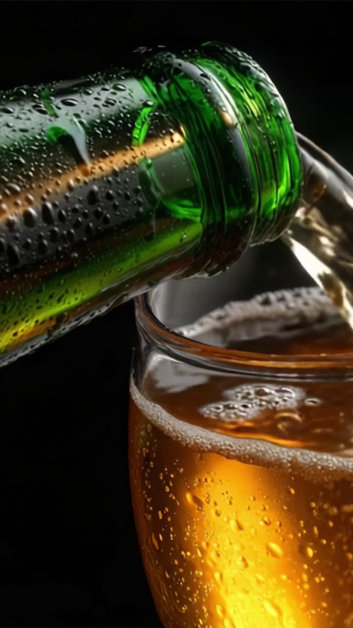 Bevanda Rinfrescante: Primo Piano di una Bottiglia Verde che Versa un Liquido Dorato in un Bicchiere di Cristallo, Catturando Bollicine e Consistenze con Dettagli Sbalorditivi.