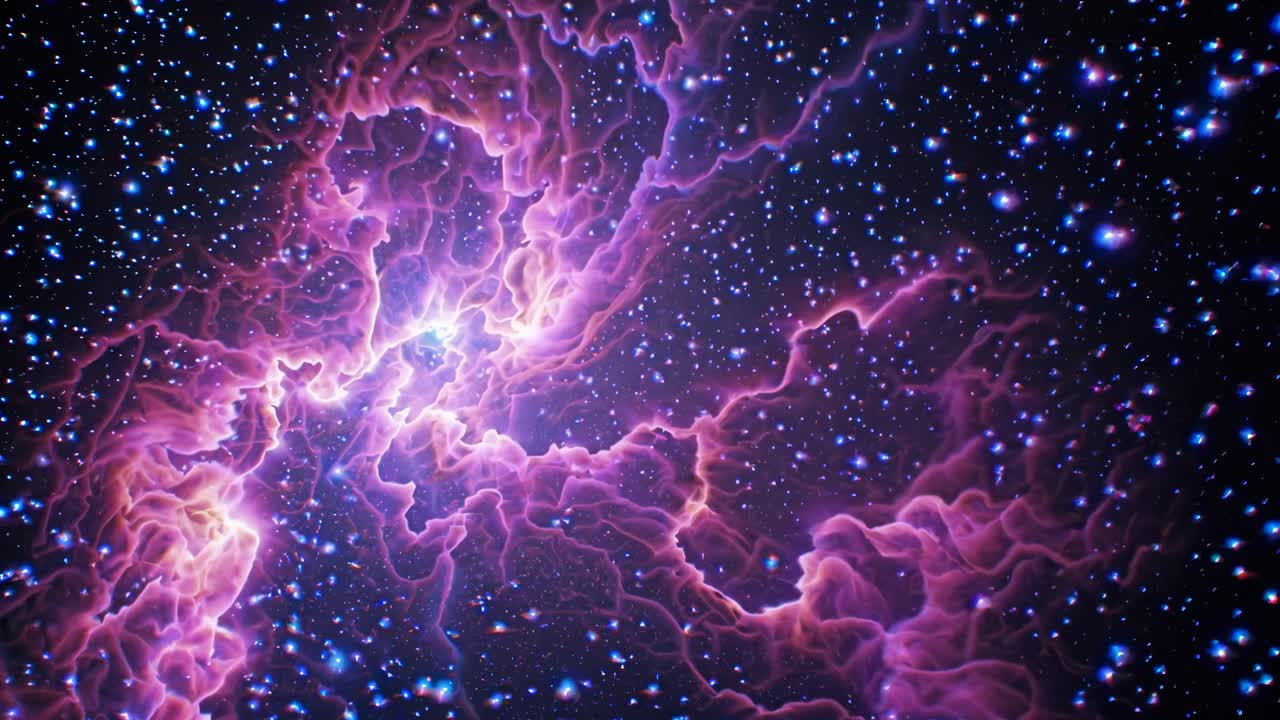 A mesmerizing cosmic scene with vibrant purple nebula and stars, captured from a wide-angle