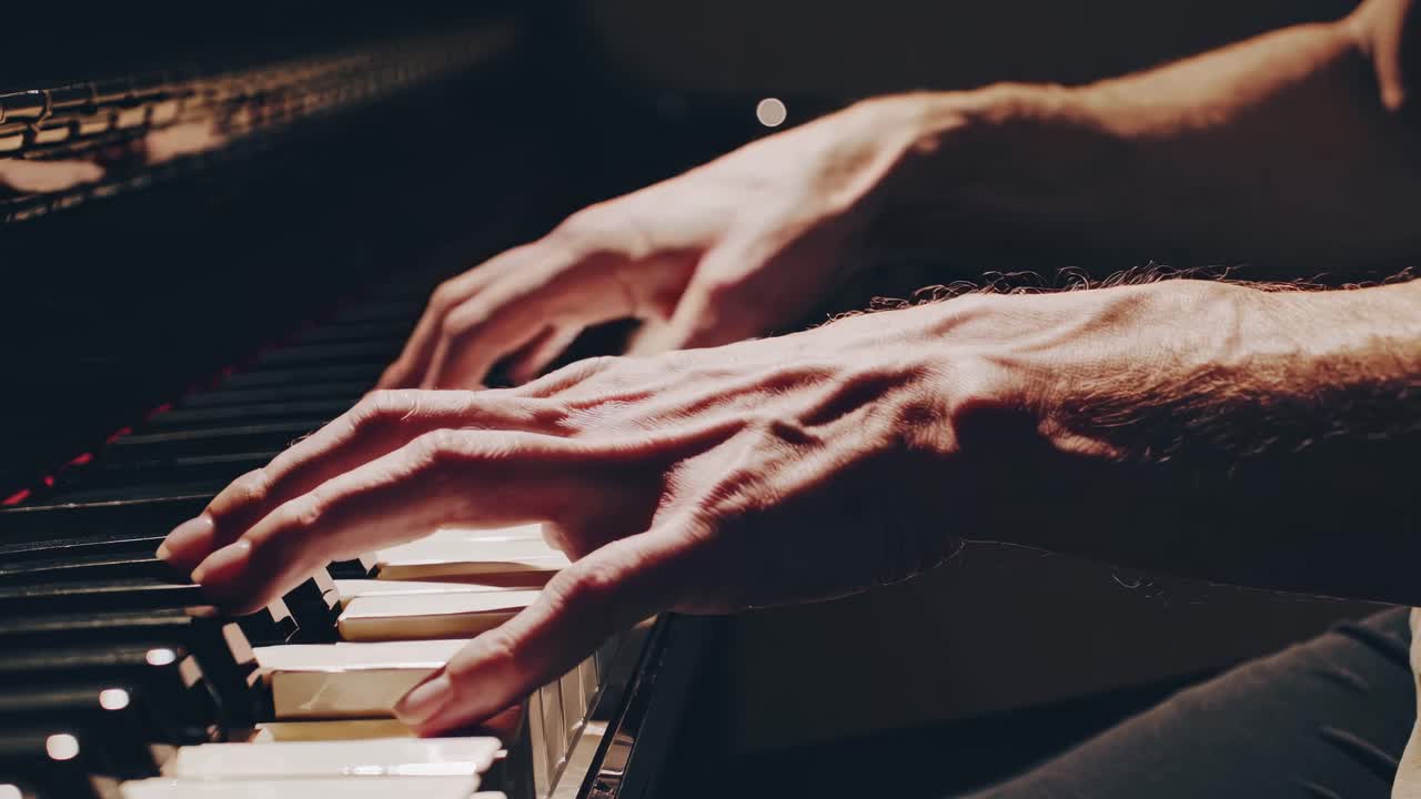 Close-up video of hands playing piano keys, capturing the dynamic motion and emotion