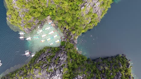 Agua-De-Mar-Y-Agua-Dulce-Separadas-Por-Una-Cresta-Kárstica-En-El-Lago-Barracuda,-Coron,-Aéreo