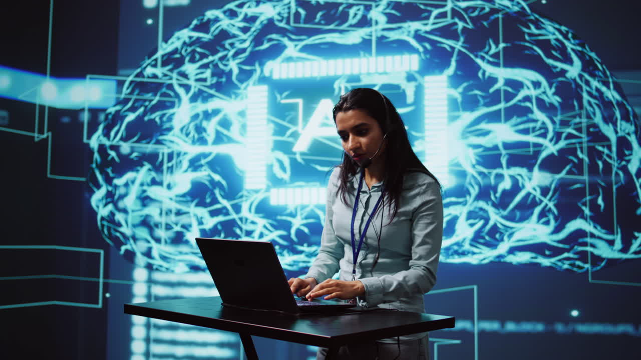 Speaker talking in online webinar, exploring ways AI can help companies