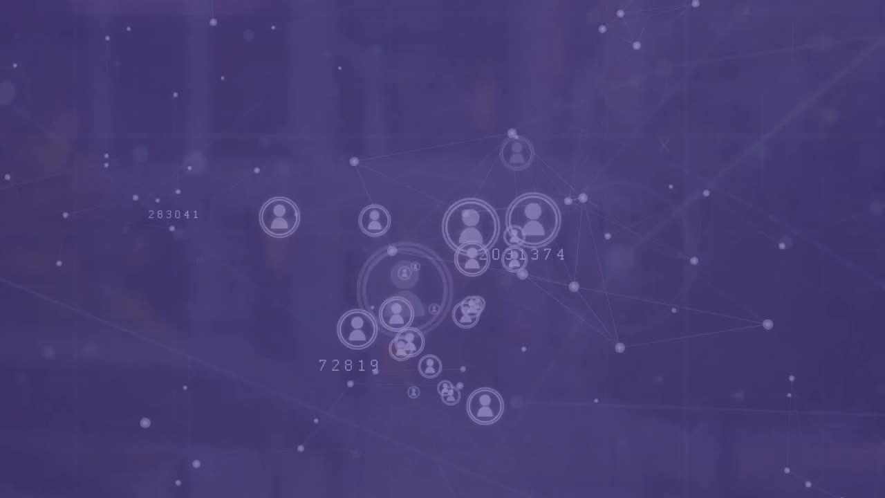 Animation of network of connections with icons over data processing