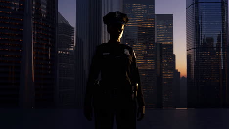 police officer silhouette in city at dusk