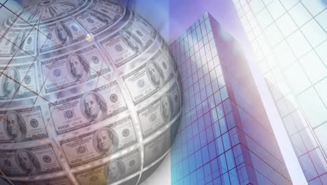 animating money globe over modern skyscrapers in city