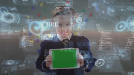 Animation-of-data-processing-on-interface-screens,-over-smiling-schoolboy-holding-tablet